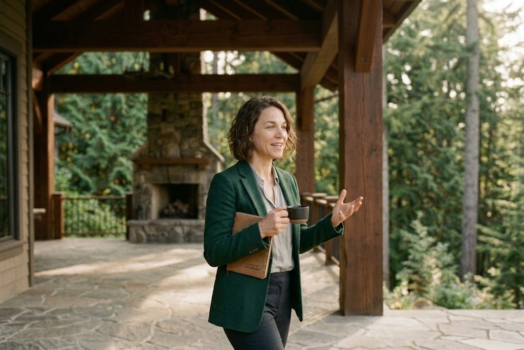 A woman with a coffee, mid-gesture, on a lodge patio in warm daylight